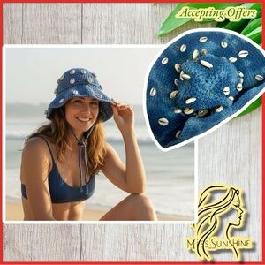 Urban Outfitters Navy Blue Crochet Shell Bucket Hat with Chin Tie